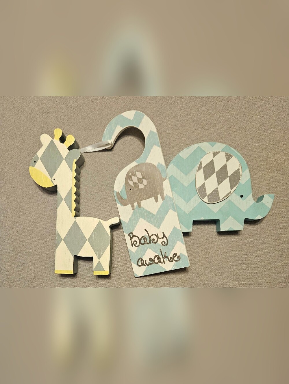 Baby Room Decor SET - Giraffe & Elephant in Soft Blue, Gray, Yellow
